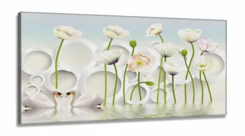 Quadro Decorativo Cisnes Flores em Tecido Canvas 130x60 cm