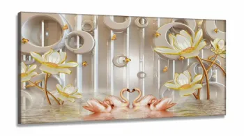 Quadro Decorativo Cisnes Rosa Flores Douradas Estilo 3d em Tecido canvas 130x60