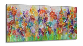 Quadro Decorativo Colorido Flores  Abstrato 130x60 em Tecido Canvas