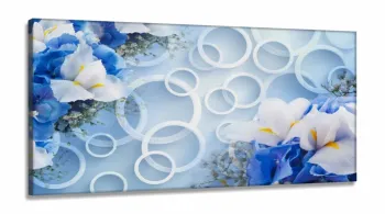 Quadro Decorativo Flores Azuis e Arcos Estilo 3d em Tecido canvas 130x60