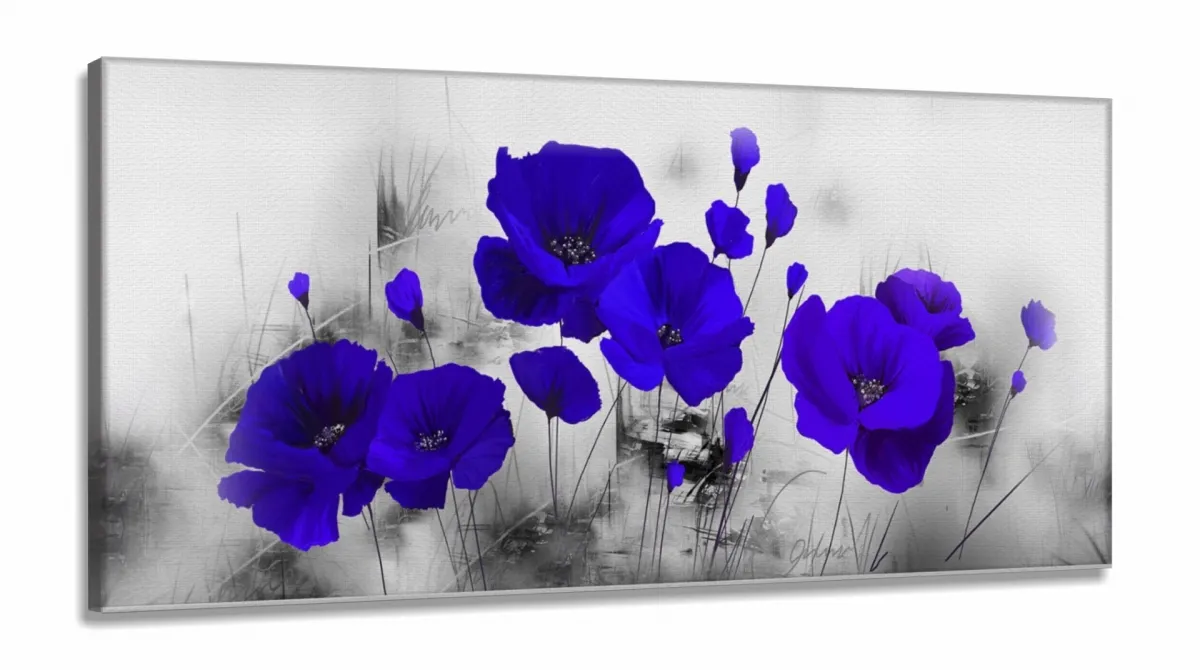 Quadro Decorativo Flores Azul 130x60 em Tecido Canvas Imagem
