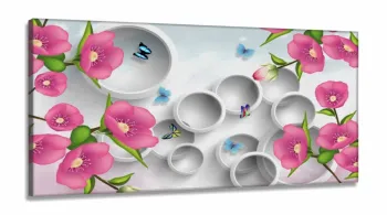 Quadro Decorativo Flores Borboletas Rosa Estilo 3d em Tecido canvas 130x60
