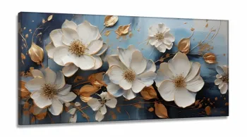Quadro Decorativo Flores Brancas em Tecido Canvas 130x60 cm
