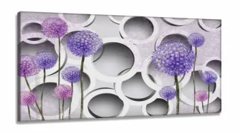Quadro Decorativo Flores Dente de Leão Lilas Estilo 3d em Tecido canvas 130x60