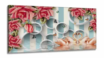 Quadro Decorativo Flores e Cisnes Arcos Estilo 3d em Tecido Canvas 130x60