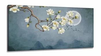 Quadro Decorativo Flores Lua em Tecido Canvas 130x60 cm