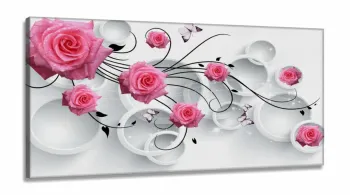 Quadro Decorativo Flores Rosas Estilo 3d em Tecido canvas 130x60