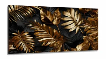 Quadro Decorativo Folhagem Dourada Luxo em Tecido Canvas 130x60 cm
