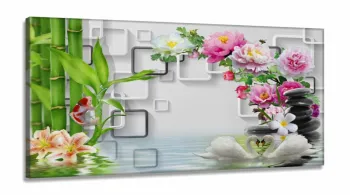 Quadro Decorativo Folhagens Cisnes Lago  Estilo 3d em Tecido canvas 130x60
