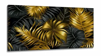 Quadro Decorativo Folhas Douradas em Tecido Canvas 130x60 cm