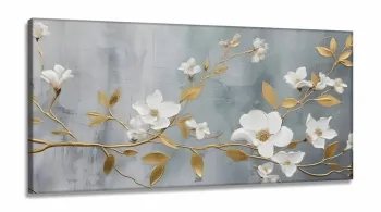 Quadro Decorativo Galhos Flores Brancas em Tecido Canvas 130x60 cm