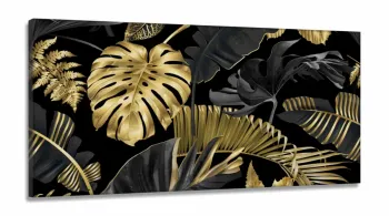 Quadro Folhas Douradas Tropical Conjunto em Tecido Canvas 130x60