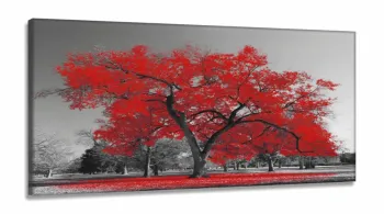 Quadros Decorativos Arvore Vida Vermelho Sala em Tecido Canvas 130x60