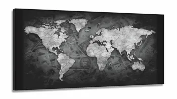 Quadro Decorativo Mapa Mundi Money Black Em em Tecido Canvas 130x60