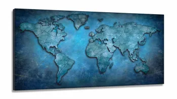 Quadro Mapa Mundi Antigo Azul Decorativo Sala Quarto em Tecido Canvas 130x60
