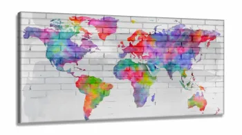 Quadro Mapa Mundi Colorido Aquarela Para Sala Quarto em Tecido Canvas 130x60