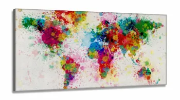 Quadro Mapa Mundi Colorido Decorativo em Tecido Canvas 130x60