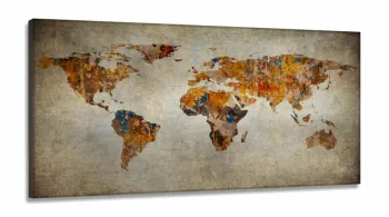 Quadro Mapa Mundi Rústico Para Sala Quarto Escritório em Tecido Canvas 130x60