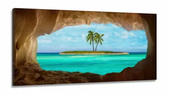 Quadro Decorativo Praia Ilha Azul em Tecido Canvas 130x60