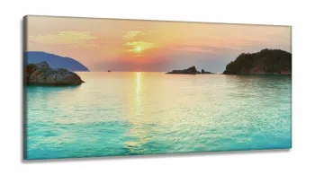 Quadro Decorativo Praia Por Do Sol Azul Hd em Tecido Canvas 130x60