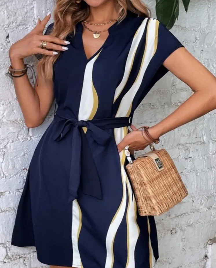 SHEIN Clasi Bloco De Cores Gola Entalhado Vestido Com Cinto Imagem