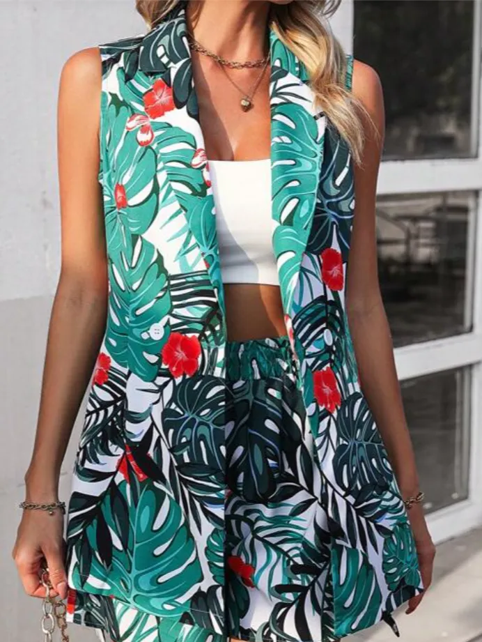 SHEIN LUNE Botões na frente Tropical Estampa total Casual Conjunto de terno feminin Imagem