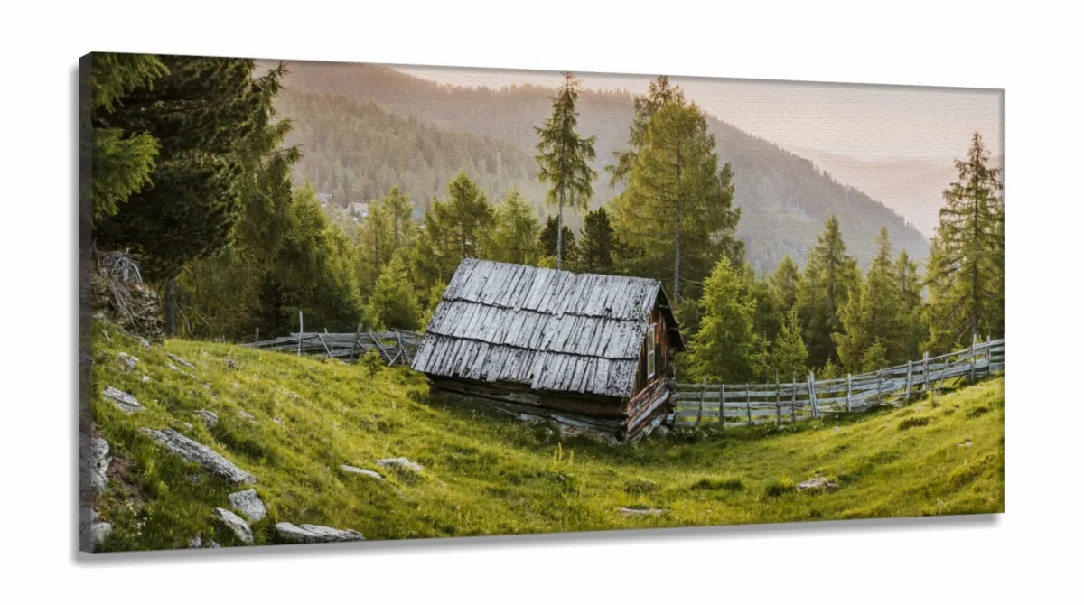 Quadro Paisagem Montanha Cabana Natureza Nascer do Sol em Tecido Canvas 130x60 Imagem