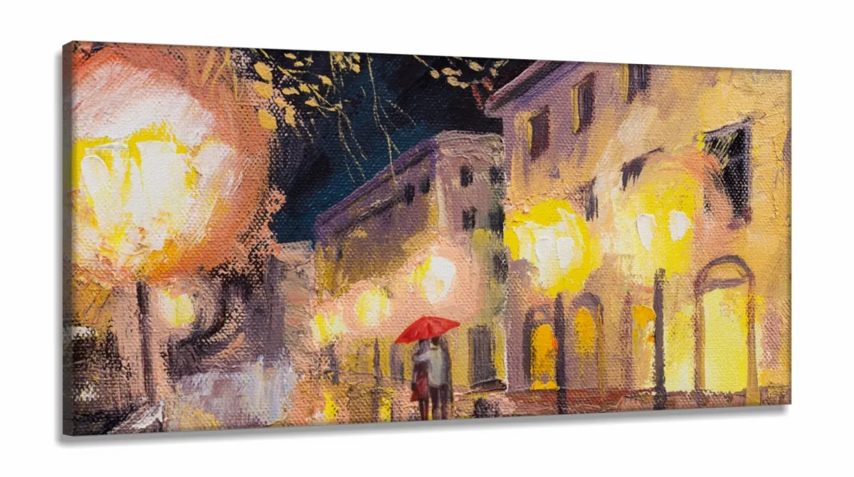 Quadro Paisagem Praça Luzes Estilo Leonid Afremov em Tecido Canvas 130x60 Imagem