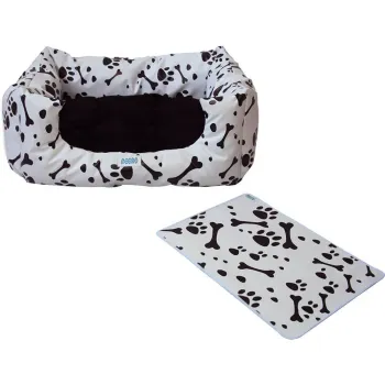 Kit Caminha para Cachorro ou Gato Branca e Preta Média + Aparador de Alimentos - Meemo