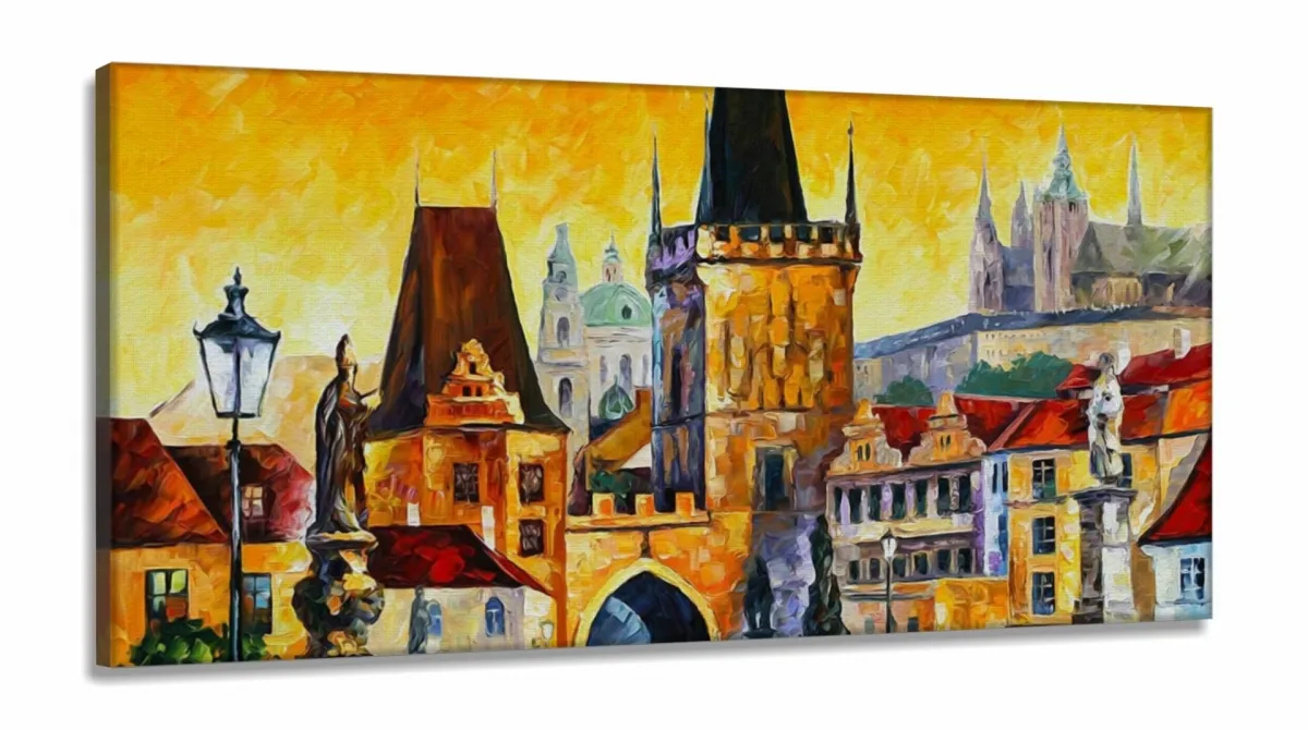 Quadro Decorativo estilo Pintura a óleo Casas em Tecido Canvas 130x60 Imagem