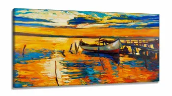Quadro Decorativo Pintura Barco Na Costa em Tecido Canvas 130x60
