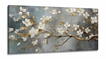 Quadro Decorativo Pintura Floes Brancas em Tecido Canvas 130x60 cm