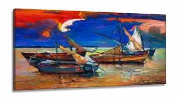 Quadro Decorativo Pintura Quatro Barcos De Vela em Tecido Canvas 130x60