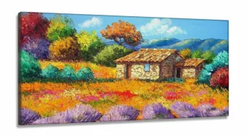 Quadro Decorativo Sala Quarto Pintura Casinha Rústica em Tecido Canvas 130x60