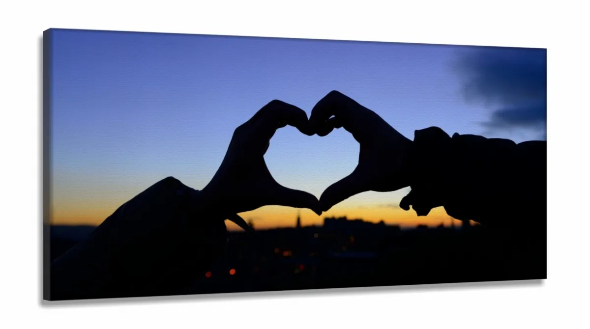 Quadro Decorativo 130x60  Quarto Coração Por Do Sol Amor em Tecido Canvas Imagem
