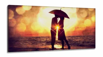 Quadro Decorativo Casal Guarda Chuva 130x60 em Tecido Canvas  Sala Quarto