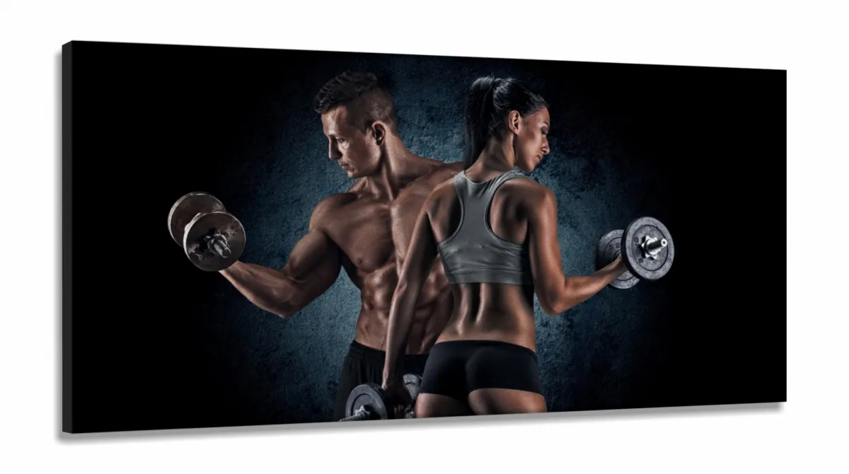 Quadro Decorativo Casal Halter Fitness 130x60 em Tecido Canvas Imagem