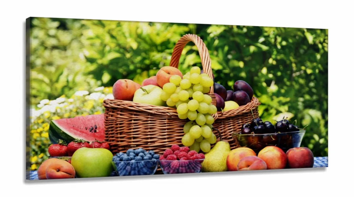 Quadro Decorativo Cesta De Frutas em Tecido Canvas 130x60  Sala Imagem