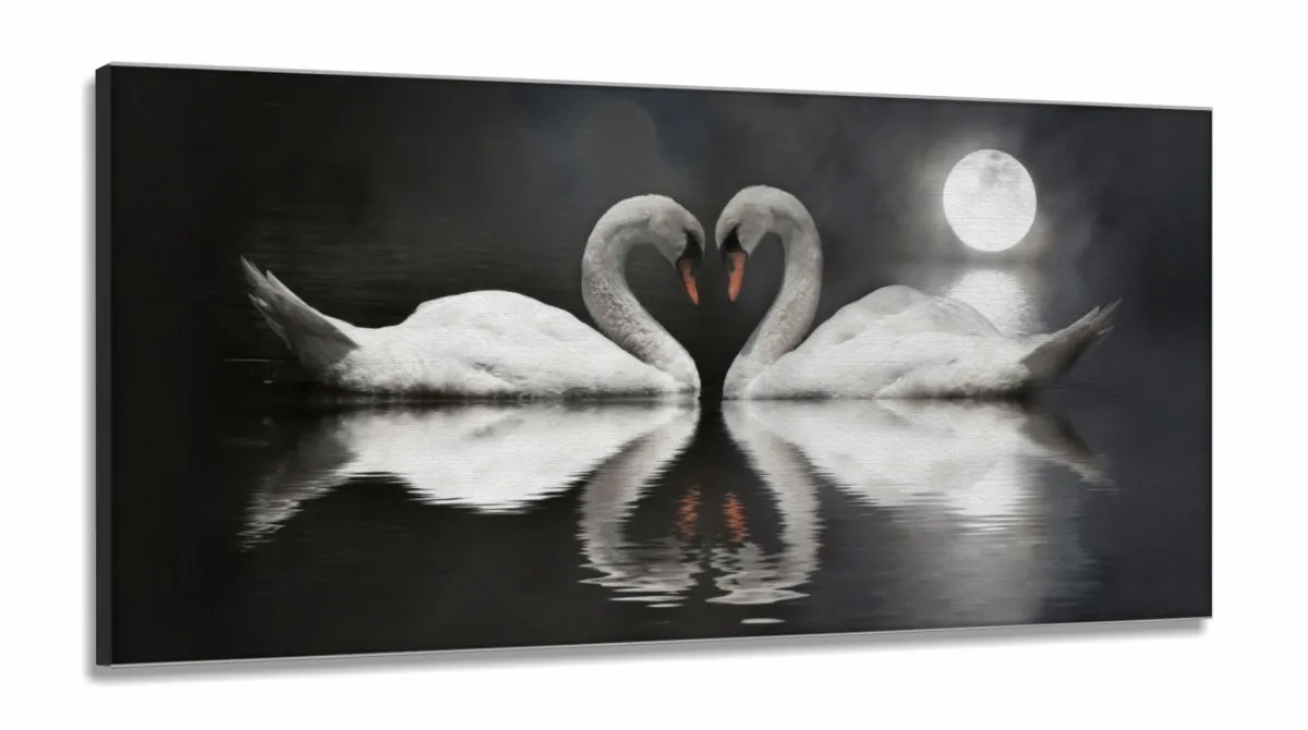 Quadro Decorativo Cisnes Apaixonados 130x60 Sala Quarto em Tecido Canvas Imagem