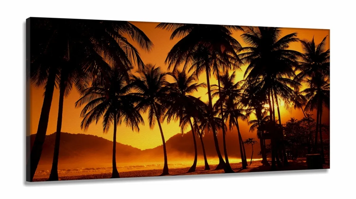 Quadro Decorativo coqueiros Por do Sol 130x60 em Tecido Canvas Imagem
