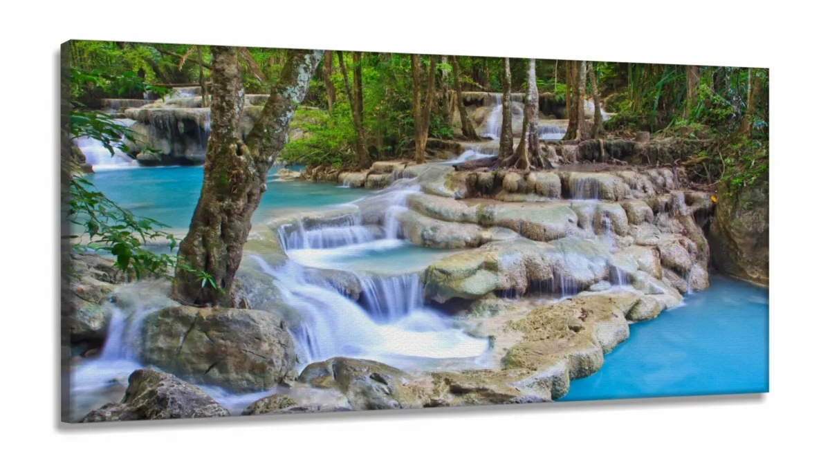 Quadro Decorativo Fluxo De Cachoeira Azul 130x60 em Tecido Canvas  Sala Quarto Imagem