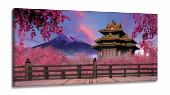Quadro Decorativo Japão Sakura Fuji em Tecido Canvas 130x60