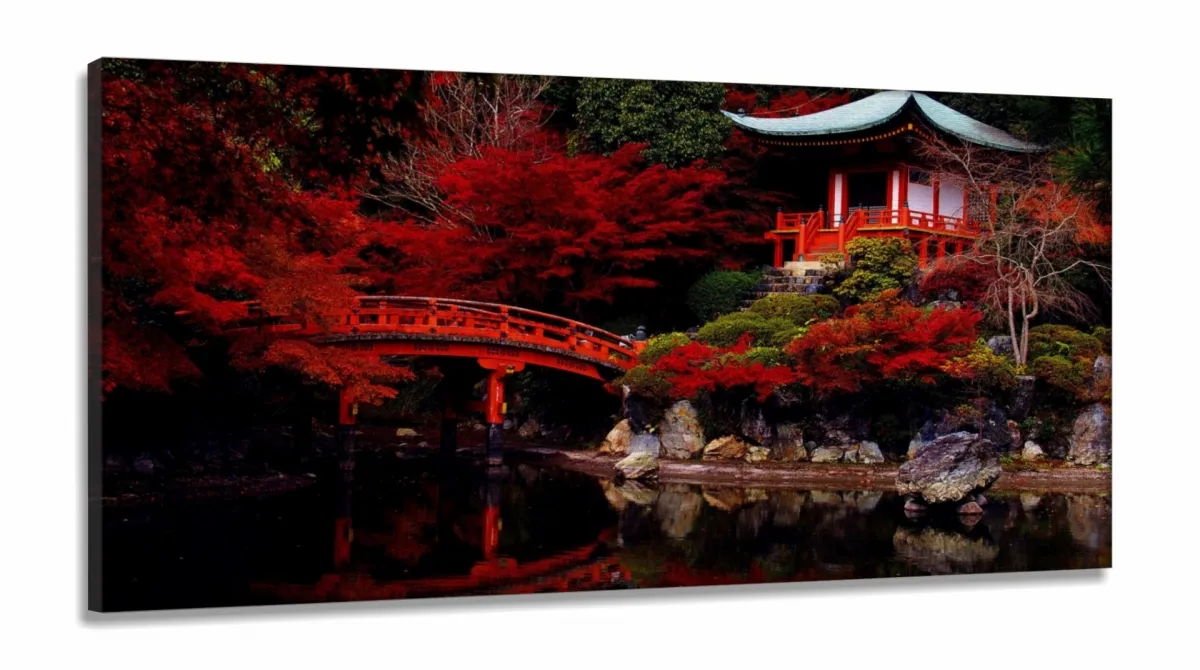 Quadro Decorativo Japão Sakura Vermelho em Tecido Canvas 130x60 Imagem