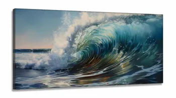 Quadro Decorativo Onda do Mar Ilustrada em Tecido Canvas 130x60 cm