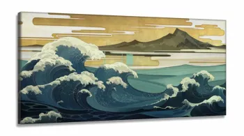 Quadro Decorativo Ondas Japão em Tecido Canvas 130x60