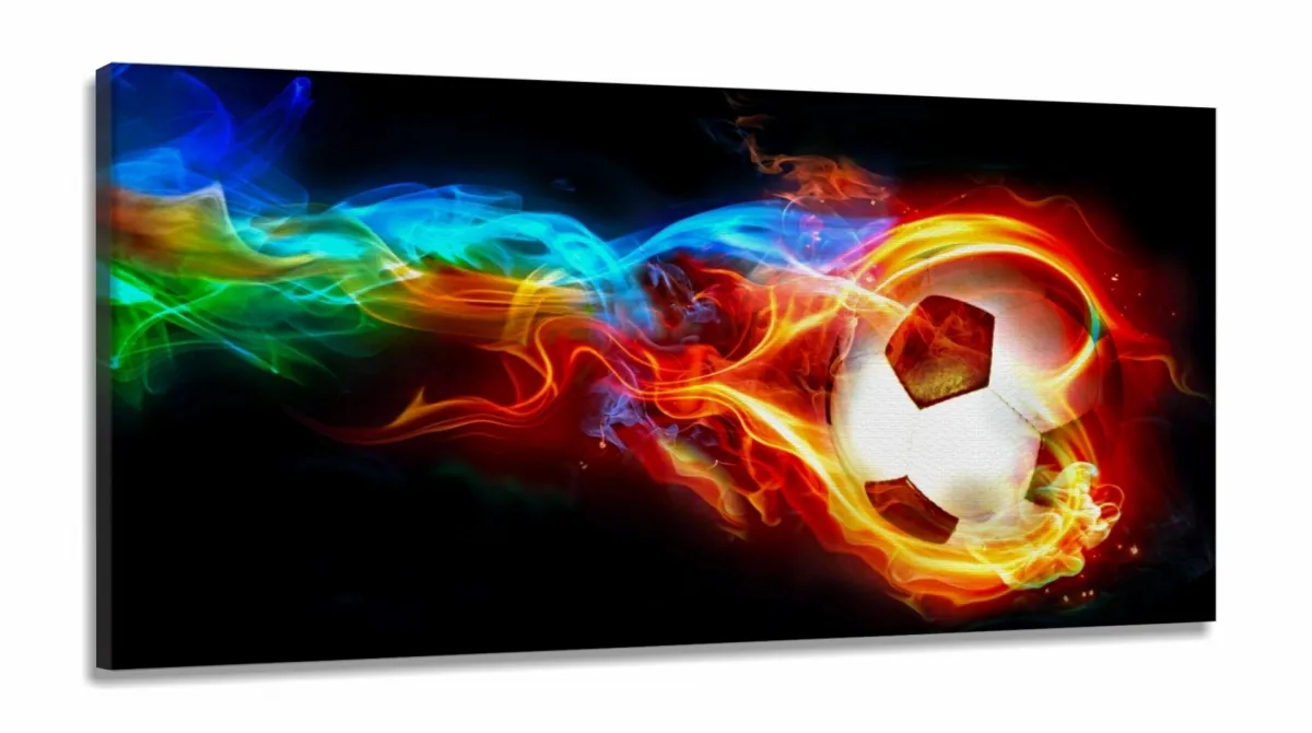 Quadro Decorativo peças Bola Futebol Fogo em Tecido Canvas 130x60 Imagem