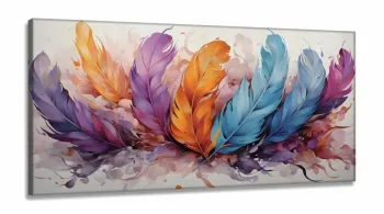Quadro Decorativo Penas Coloridas em Tecido Canvas 130x60 cm