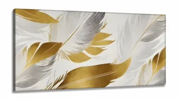 Quadro Decorativo Penas Douradas em Tecido Canvas 130x60 cm