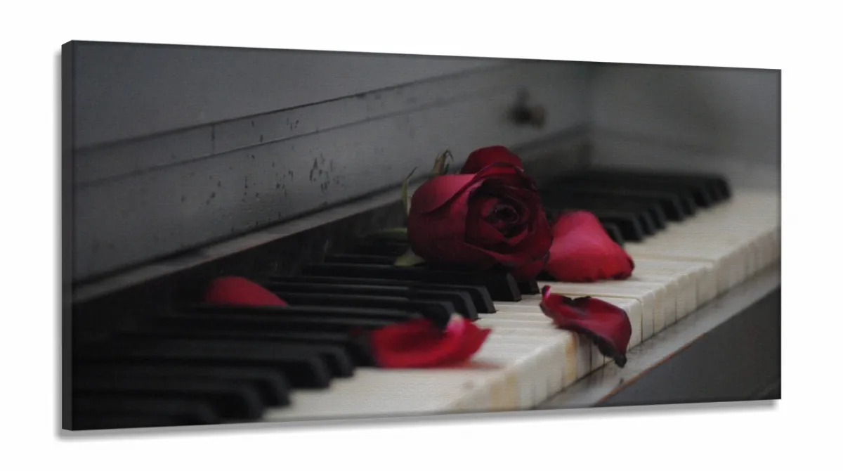 Quadro Decorativo Piano Rosa Vermelha em Tecido Canvas 130x60 Imagem
