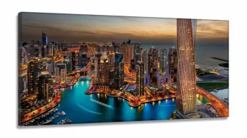 Quadro Decorativo Prédios Cidade Dubai ao Entardecer em Tecido Canvas 130x60